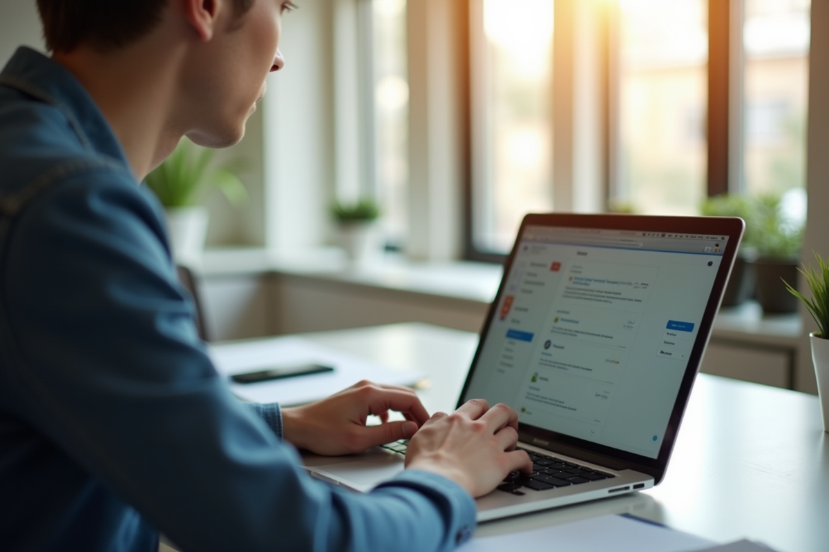 Personne travaillant sur un bureau lumineux avec un ordinateur portable