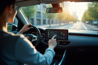 Personne entrant un code sur le tableau de bord numérique de la voiture