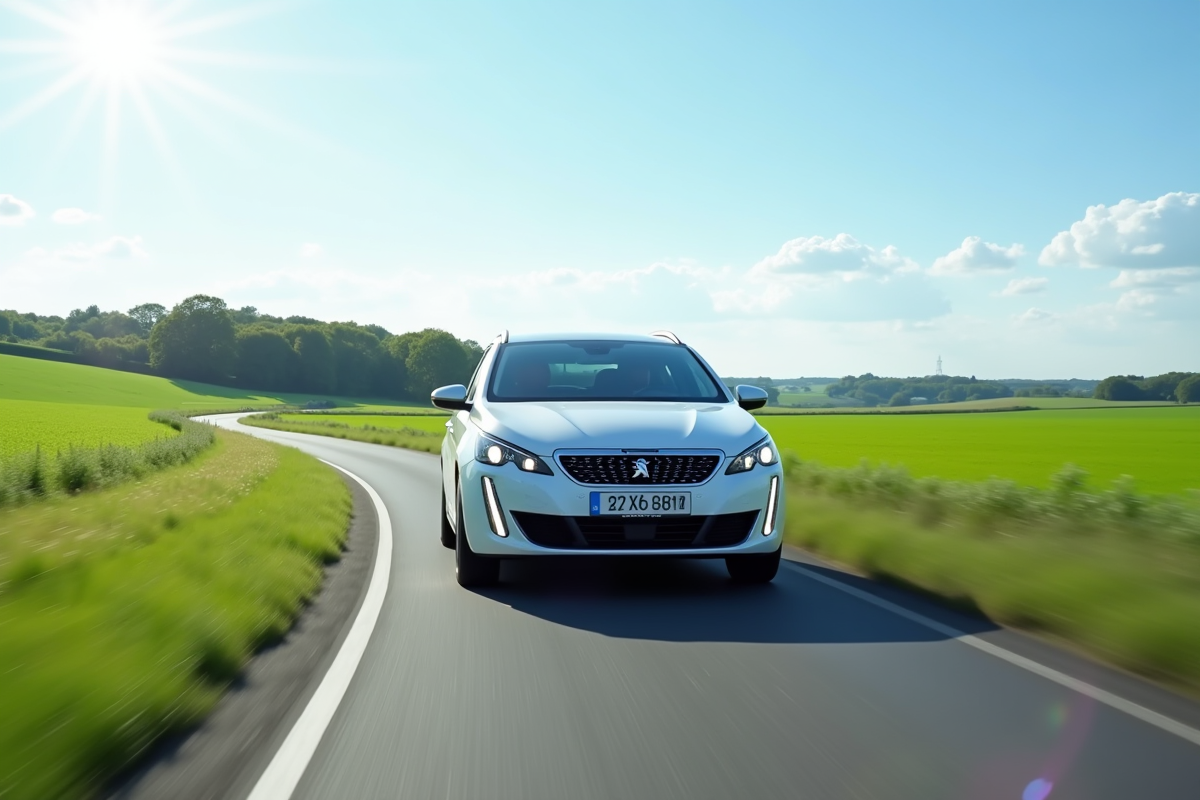 Peugeot 408 hybride en campagne sur une route verte