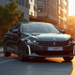 Peugeot 408 hybride en ville au lever du soleil