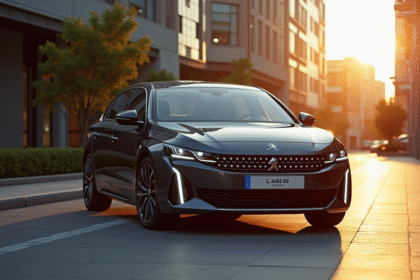 Peugeot 408 hybride en ville au lever du soleil