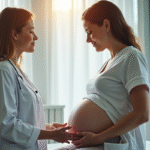 Sage-femme aidant une femme enceinte lors d'une consultation