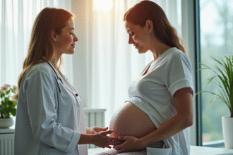 Sage-femme aidant une femme enceinte lors d'une consultation