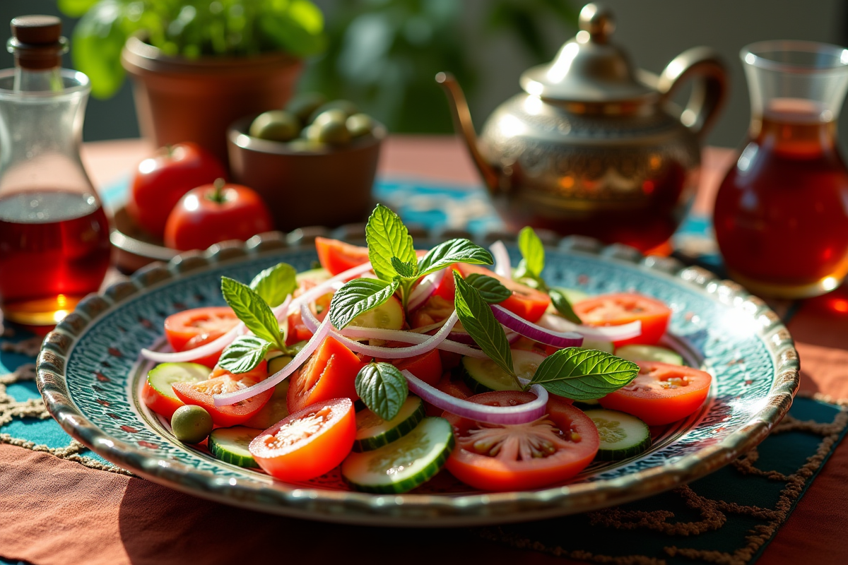 Salade marocaine joliment dressée avec thé à la menthe