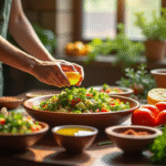 Préparation d'une salade marocaine sur une table en bois