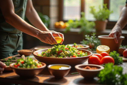 Préparation d'une salade marocaine sur une table en bois