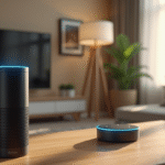 Salon moderne avec enceinte Alexa et routeur WiFi