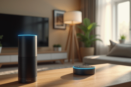 Salon moderne avec enceinte Alexa et routeur WiFi