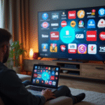 Salon moderne avec TV affichant logos de chaînes internationales