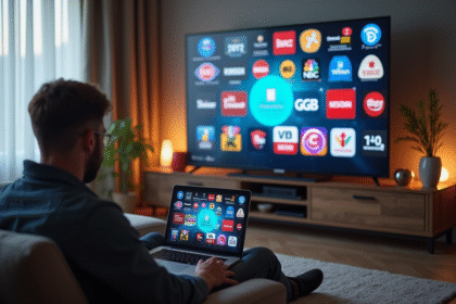 Salon moderne avec TV affichant logos de chaînes internationales
