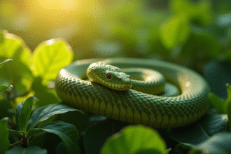 Serpent urutu enroule sur feuillage vert en plein soleil