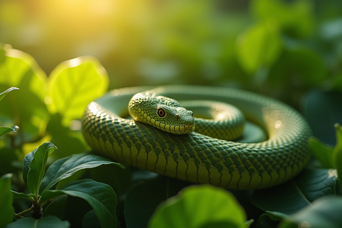 Serpent urutu enroule sur feuillage vert en plein soleil