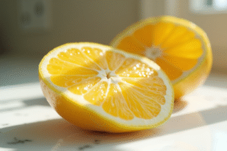 Ugli fruit tranché sur plan de travail en marbre lumineux