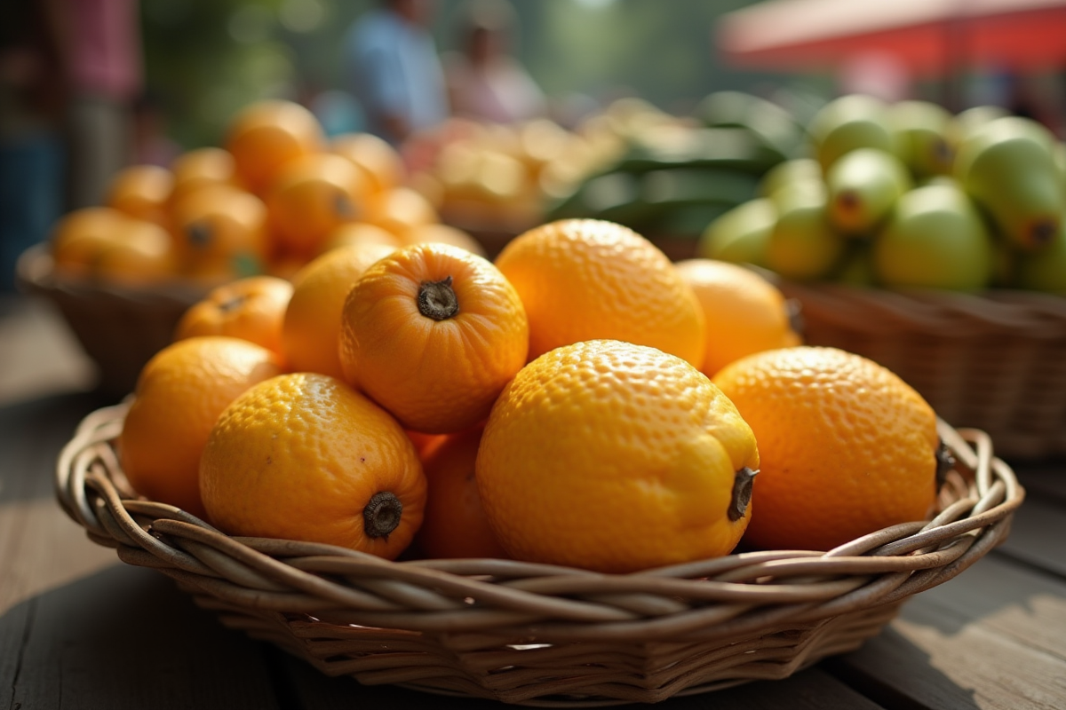 Ugli fruits entiers dans un panier en bois sur marché extérieur
