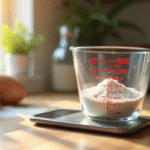 Verre mesureur avec 100g de farine sur une balance de cuisine