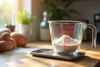 Verre mesureur avec 100g de farine sur une balance de cuisine
