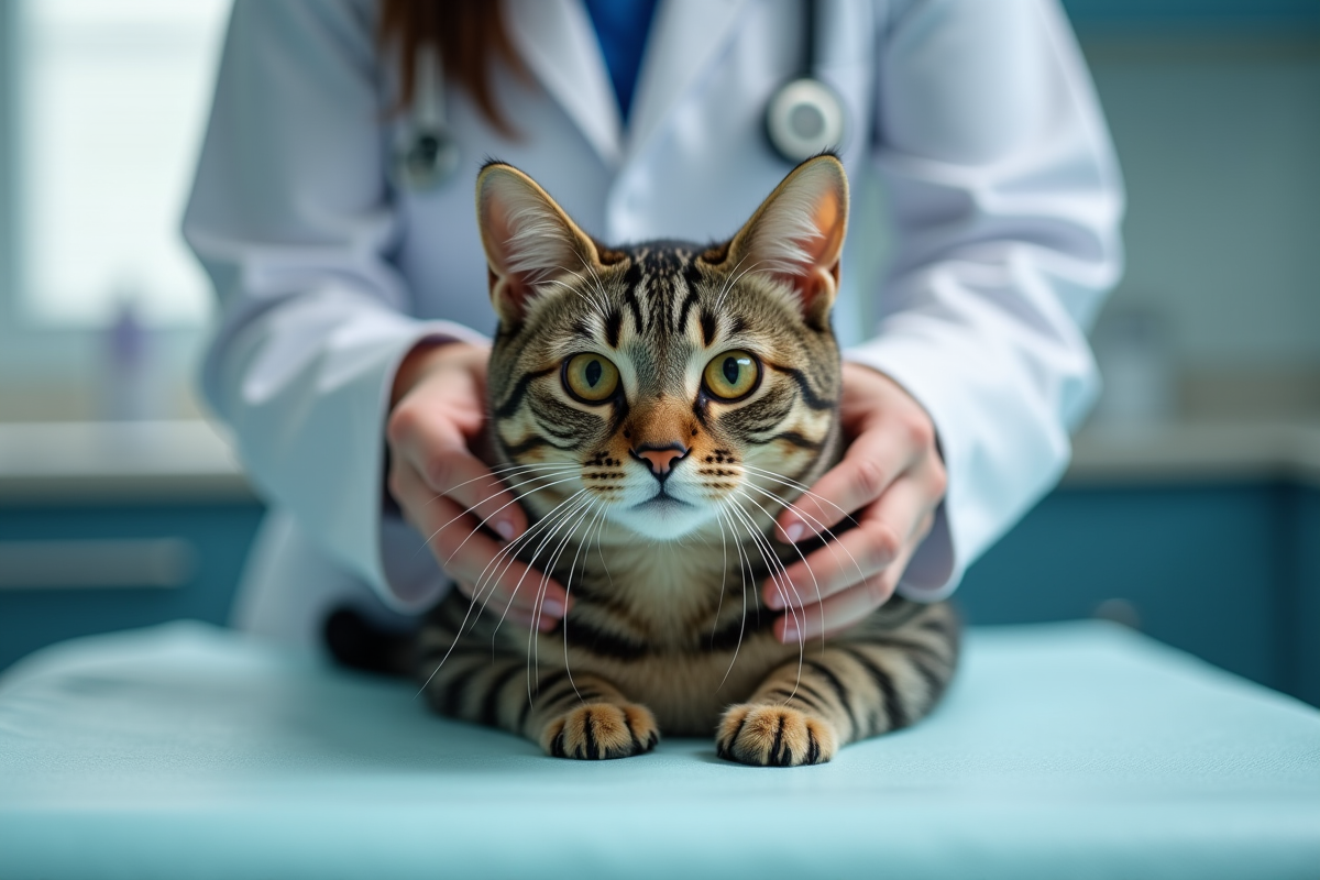 Vétérinaire examinant un chat calme sur une table