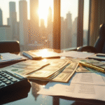 Bureau luxueux avec des dollars et documents fiscaux