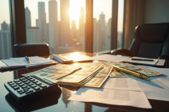 Bureau luxueux avec des dollars et documents fiscaux