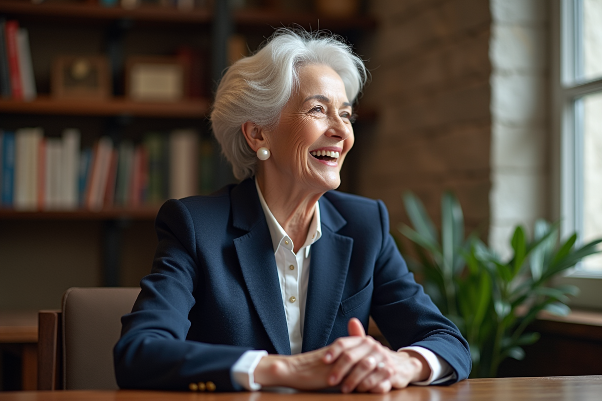 Femme senior souriante en conversation dans un café