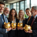 Groupe diversifié de jeunes et d'adultes souriants avec des tirelires en or