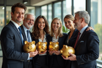 Groupe diversifié de jeunes et d'adultes souriants avec des tirelires en or