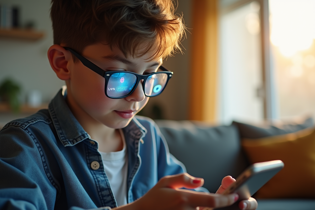 Jeune regardant son smartphone avec reflet VPN dans ses lunettes
