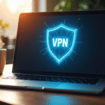 Ordinateur portable avec icone VPN sur l'écran dans une ambiance lumineuse