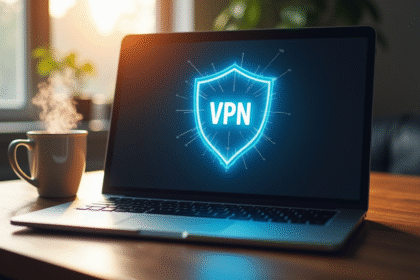 Ordinateur portable avec icone VPN sur l'écran dans une ambiance lumineuse