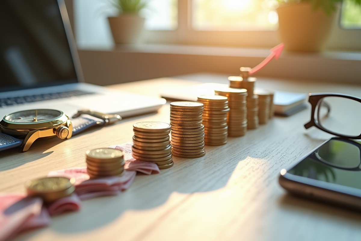 Composition de pièces et billets formant une flèche de croissance sur un bureau