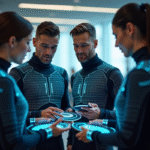Groupe de personnes interactant avec des vetements connectes modernes
