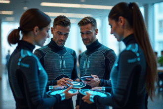 Groupe de personnes interactant avec des vetements connectes modernes