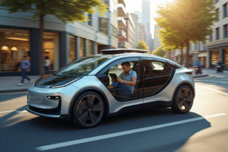 Voiture électrique autonome sur un boulevard urbain ensoleillé