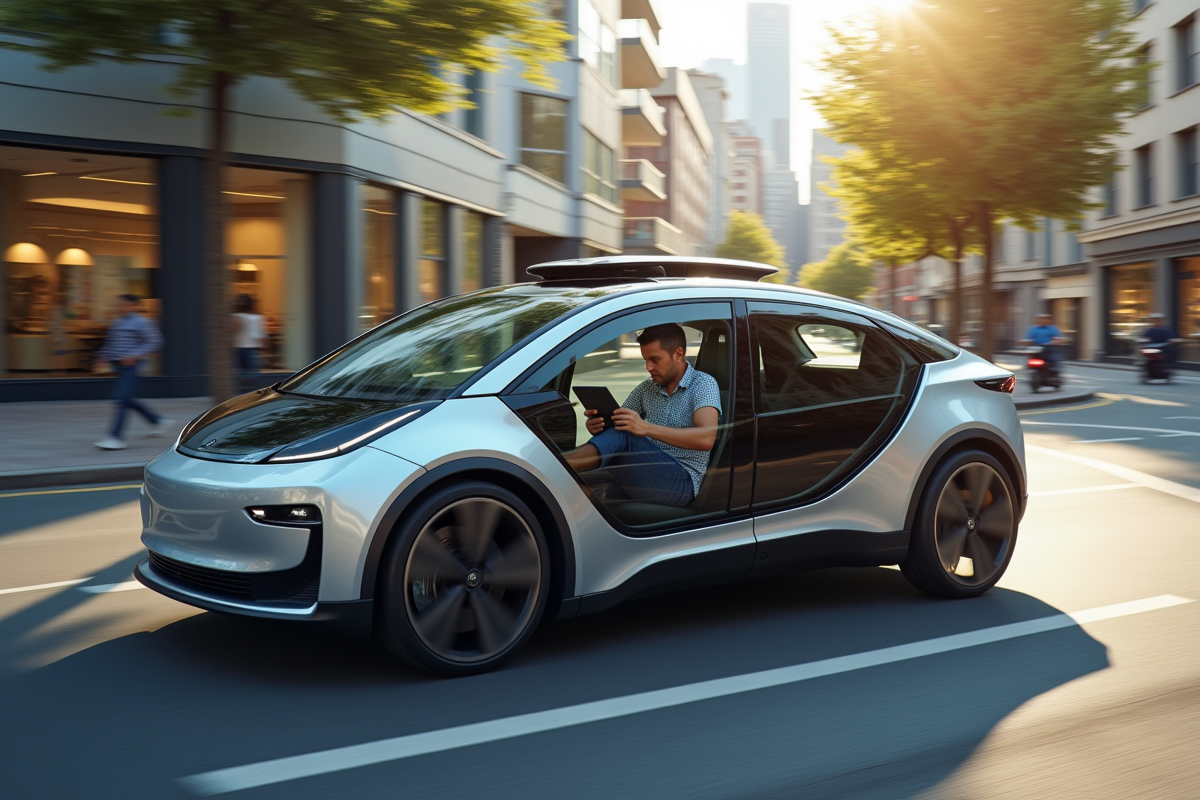 Voiture électrique autonome sur un boulevard urbain ensoleillé