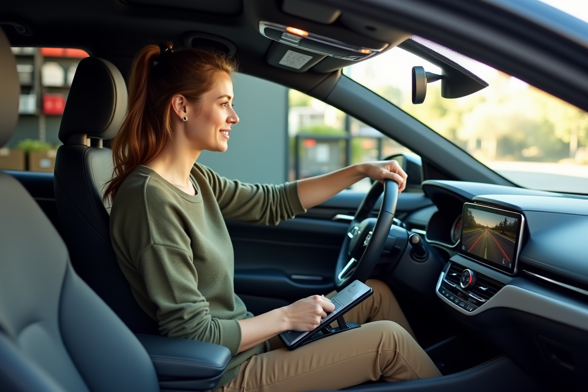 Femme utilisant un moniteur de camera de recul dans la voiture