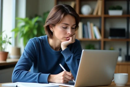Femme méditative étudie son ordinateur portable à la maison