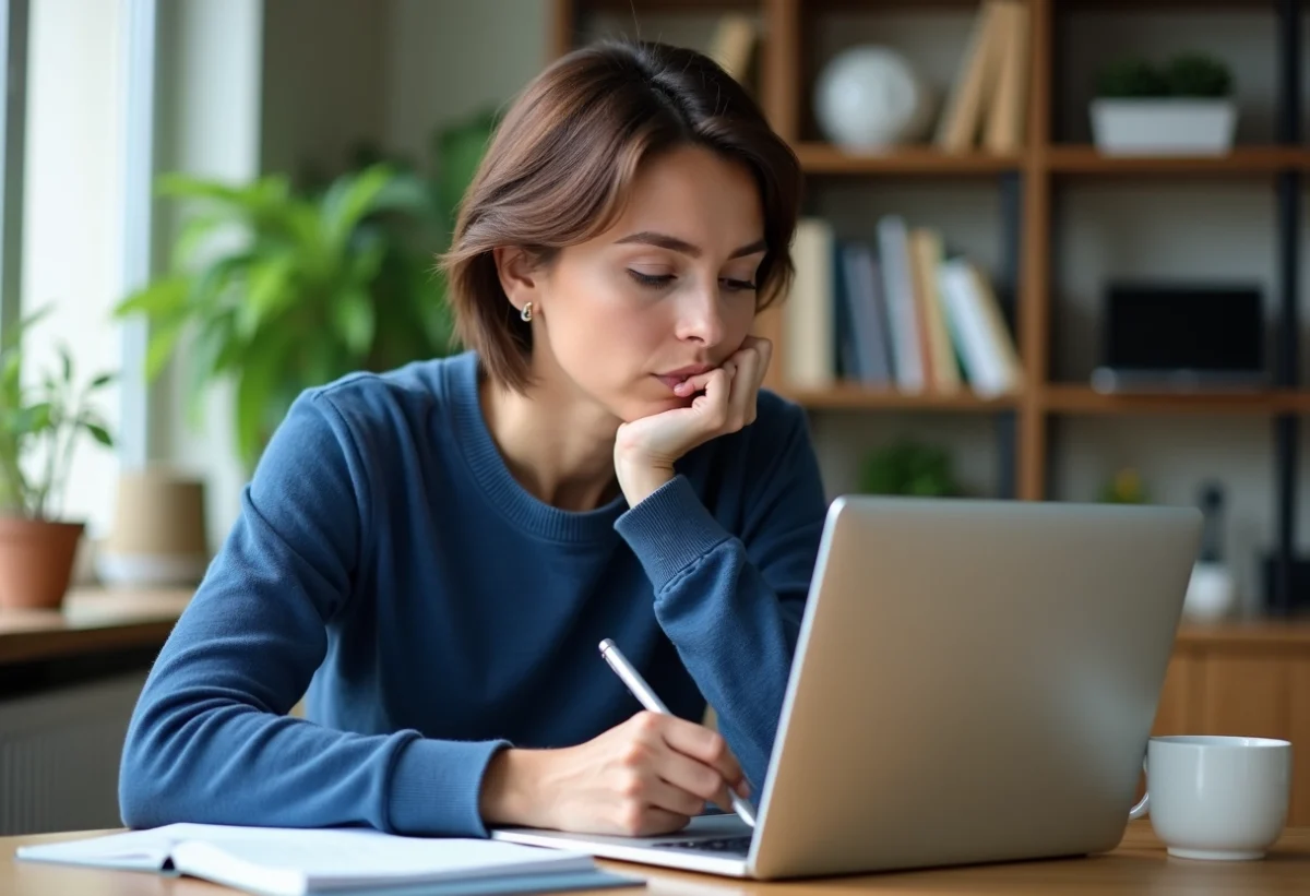 Femme méditative étudie son ordinateur portable à la maison