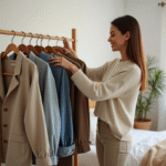 Femme arrangeant des vêtements minimalistes dans une chambre lumineuse