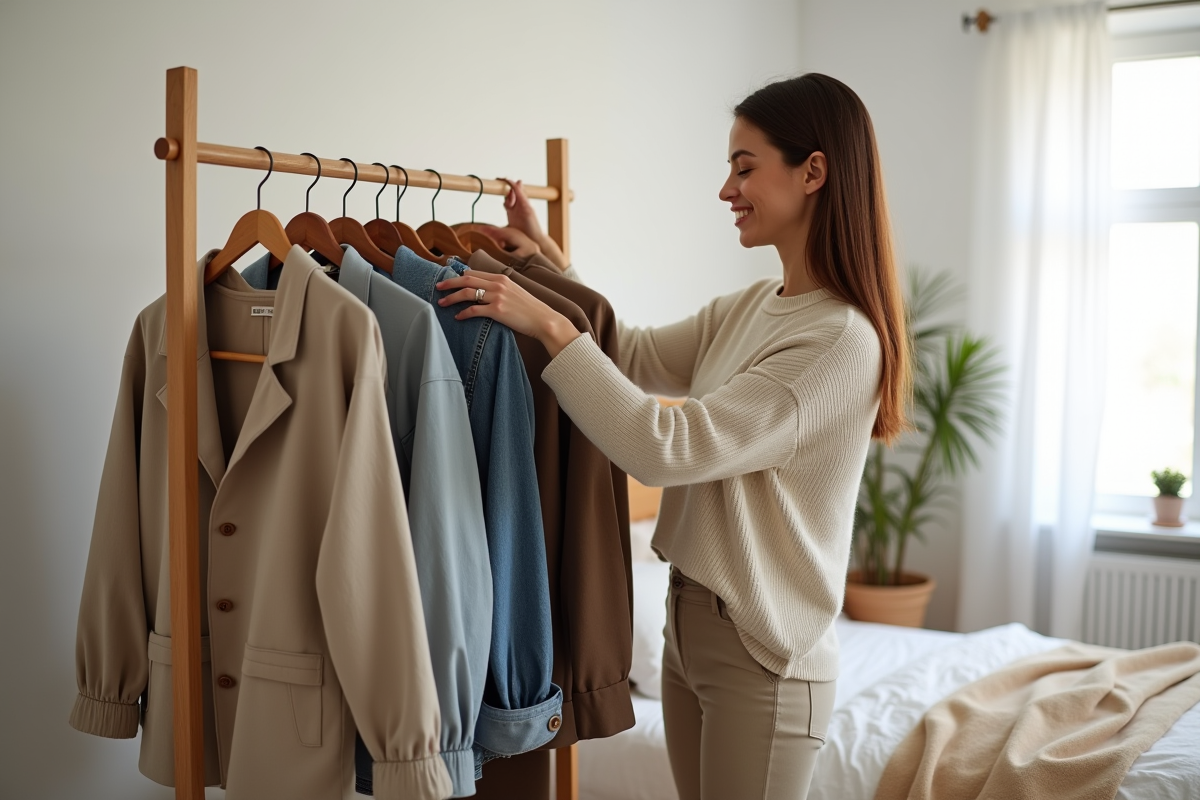 Femme arrangeant des vêtements minimalistes dans une chambre lumineuse