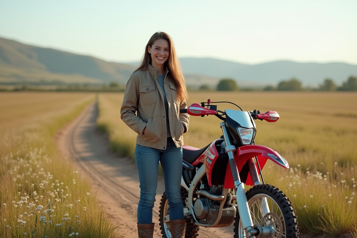 Femme souriante à côté de sa moto 125cc dans un champ