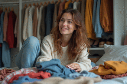 Jeune femme triant des vêtements dans son lit pour un article sur le rangement