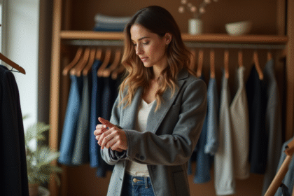 Femme inspectant la couture d'une chemise dans une boutique
