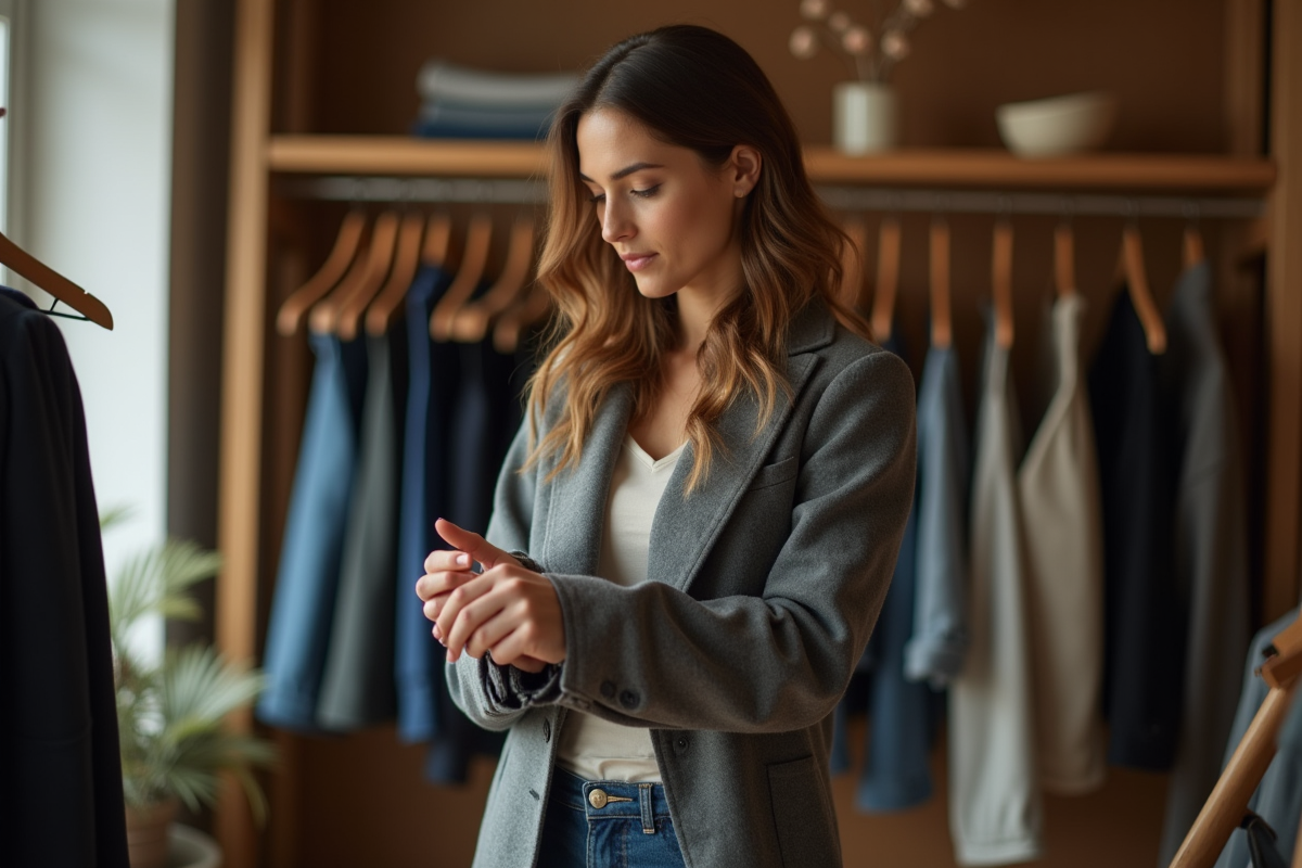 Femme inspectant la couture d'une chemise dans une boutique