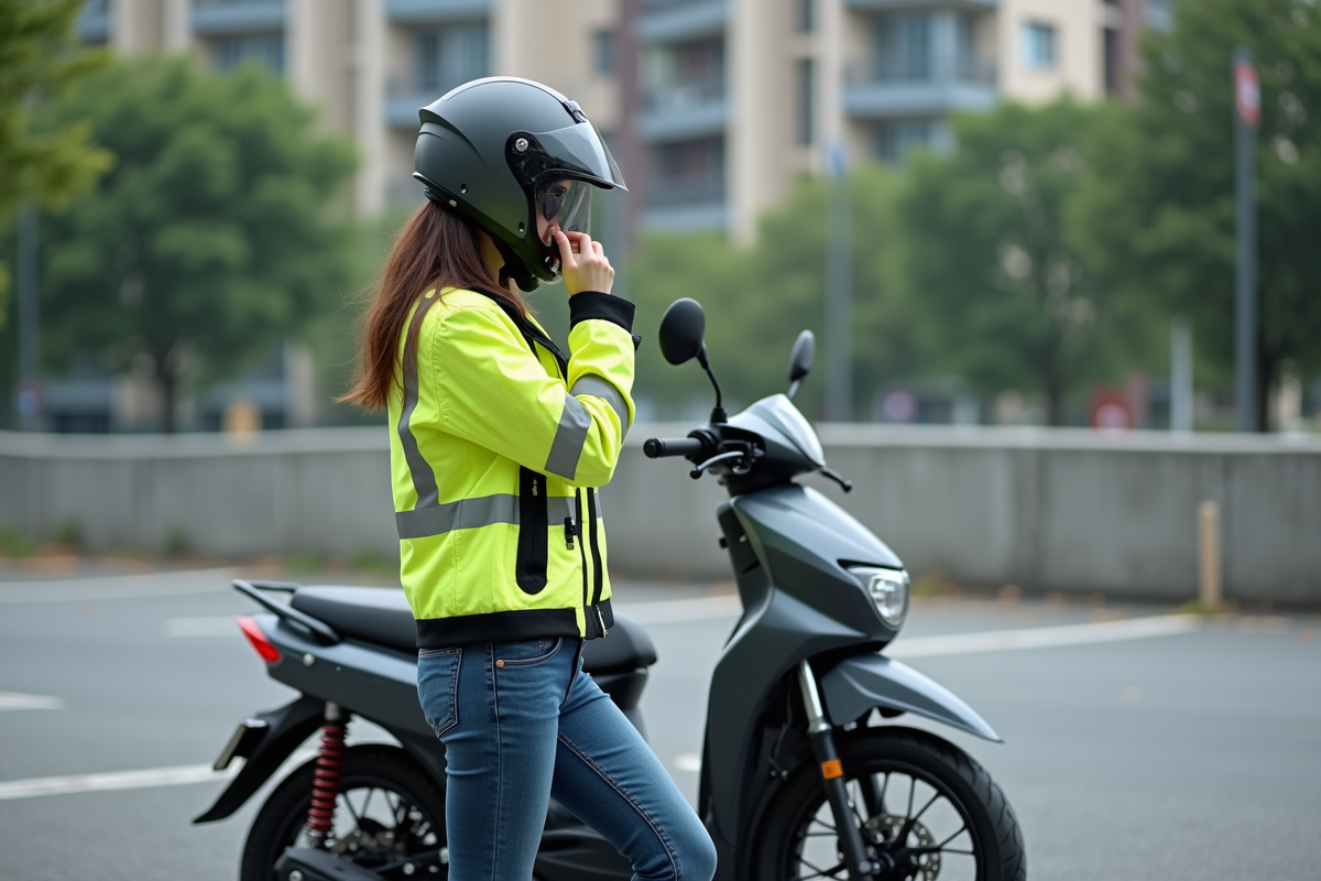 Jeune femme vérifiant son casque à moto en ville
