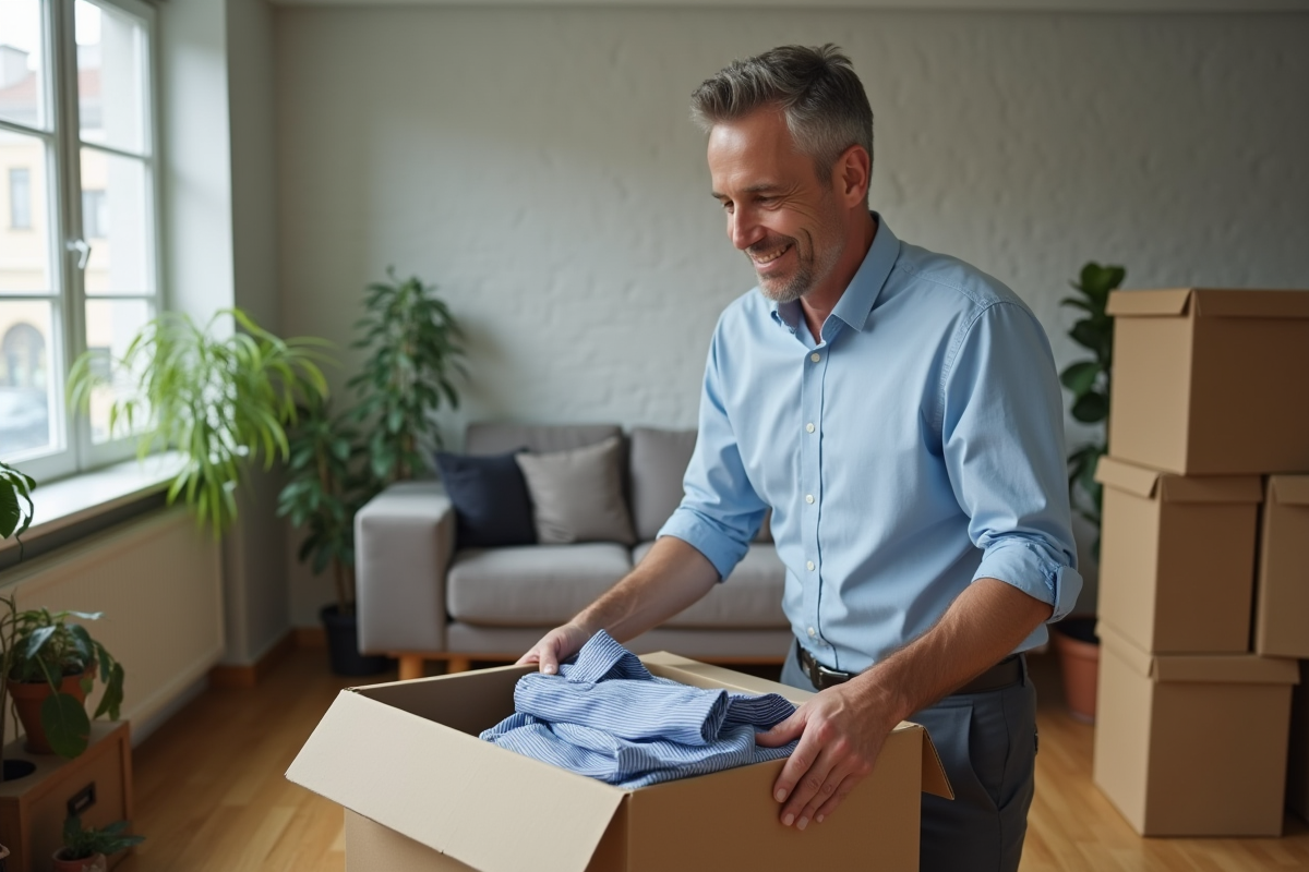 Homme emballant des vêtements dans une boîte pour illustrer le tri et le rangement