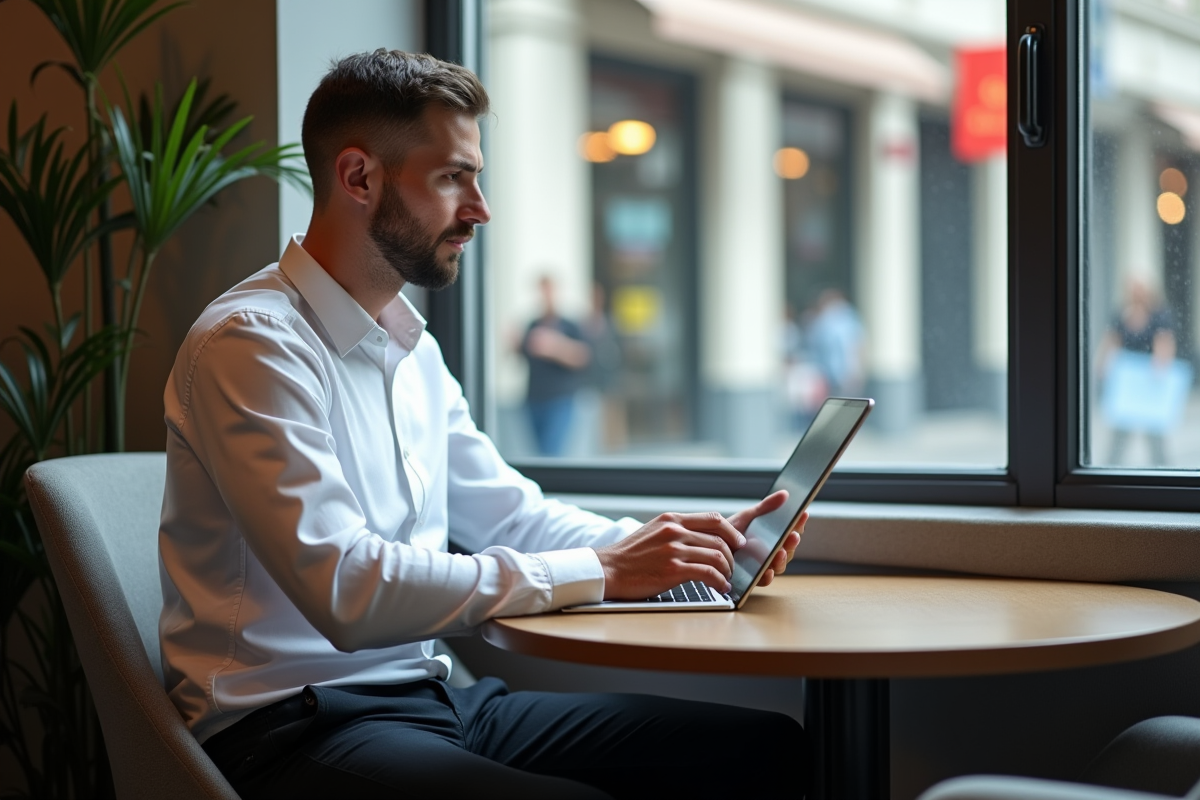 Homme professionnel utilisant une tablette dans un café urbain