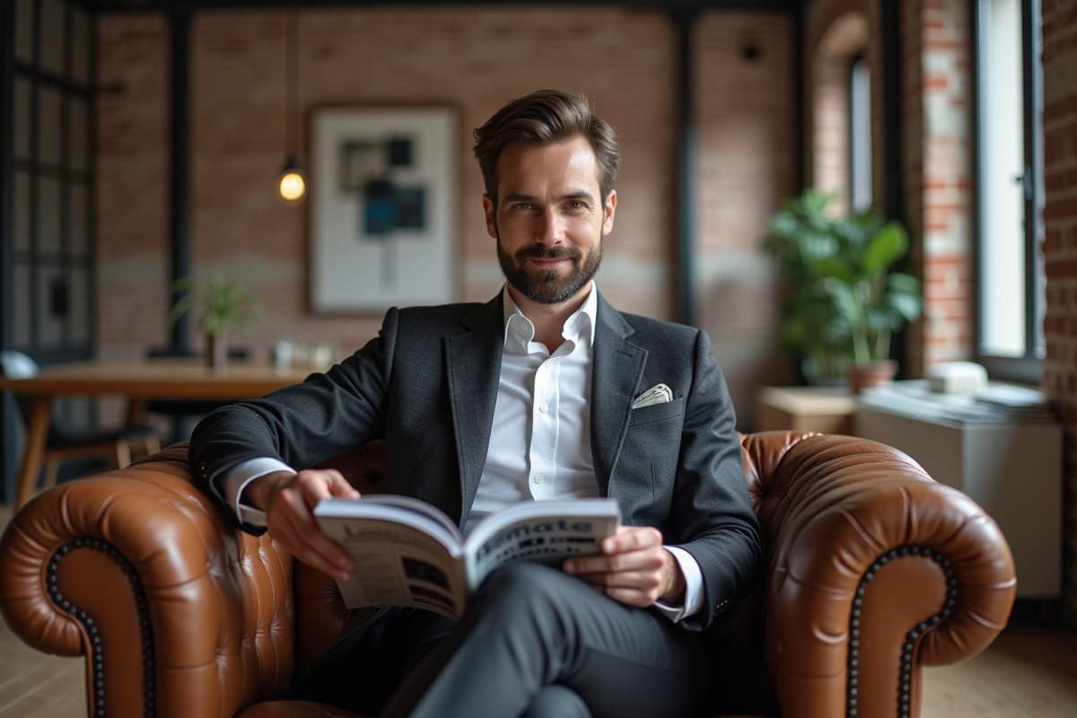 Homme élégant en costume dans un loft moderne