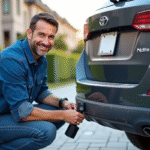 Homme installant une camera de recul sur une voiture dans une allée
