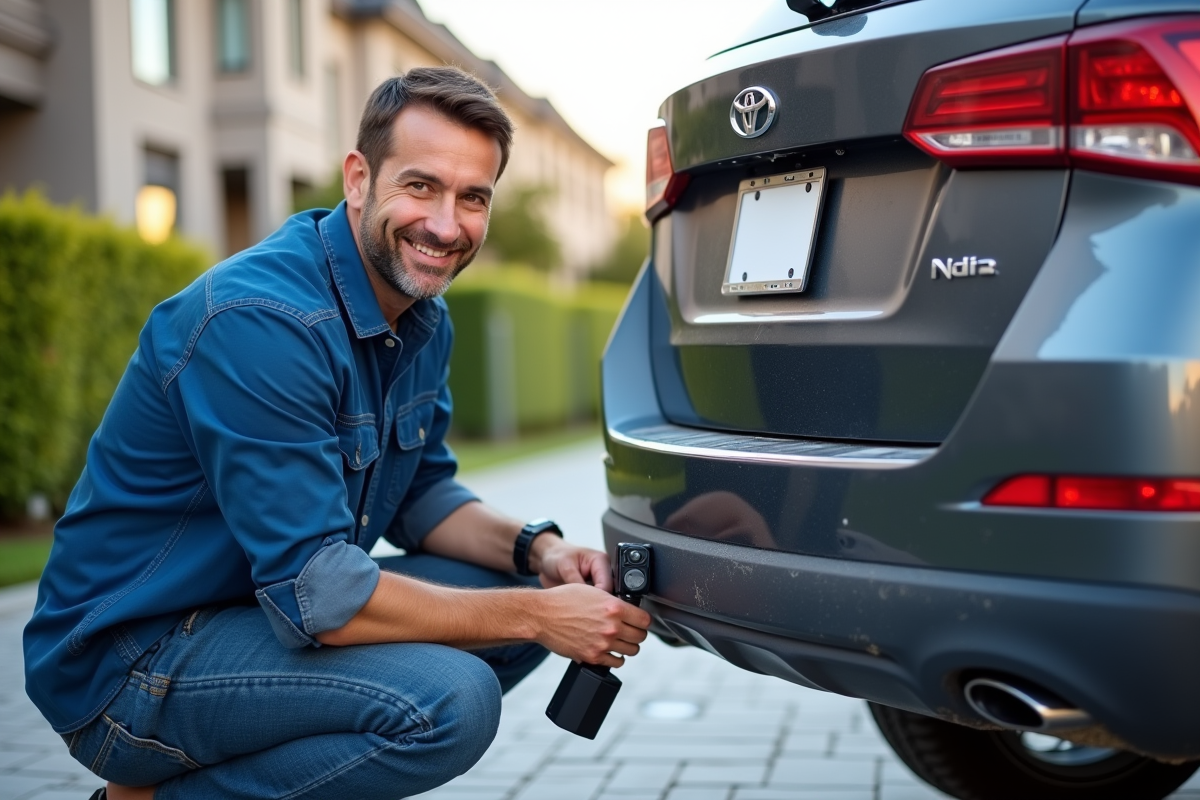 Homme installant une camera de recul sur une voiture dans une allée