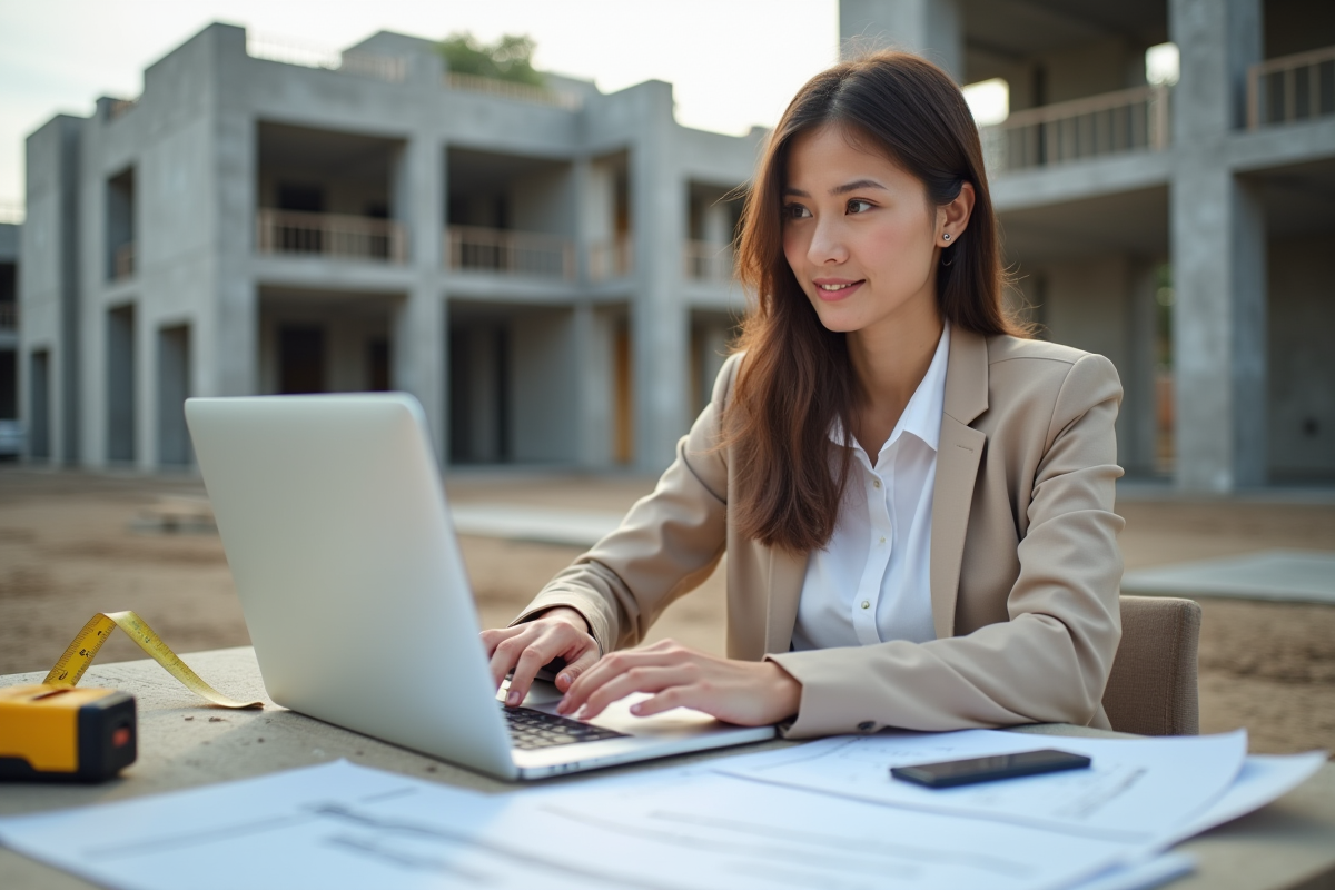 Jeune architecte au site avec plans et ordinateur portable